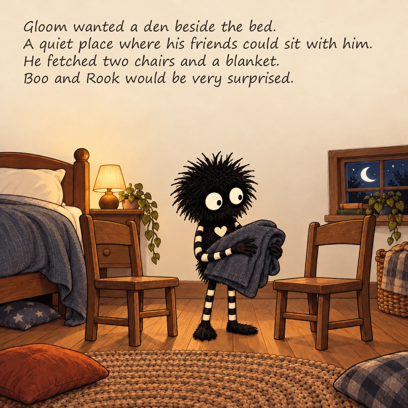 Gloom and the Den That Wouldn’t Stay Up — illustrated story page 1. Page text is available below.