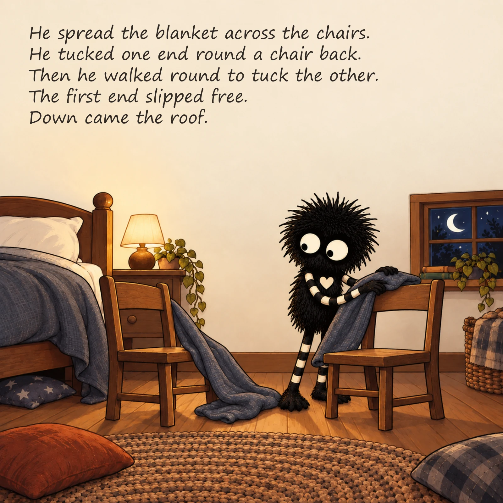Gloom and the Den That Wouldn’t Stay Up — illustrated story page 2. Page text is available below.