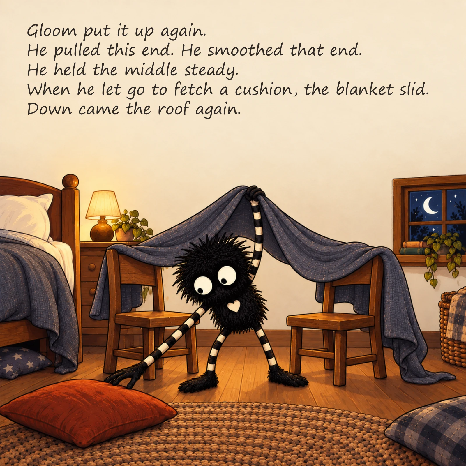 Gloom and the Den That Wouldn’t Stay Up — illustrated story page 3. Page text is available below.