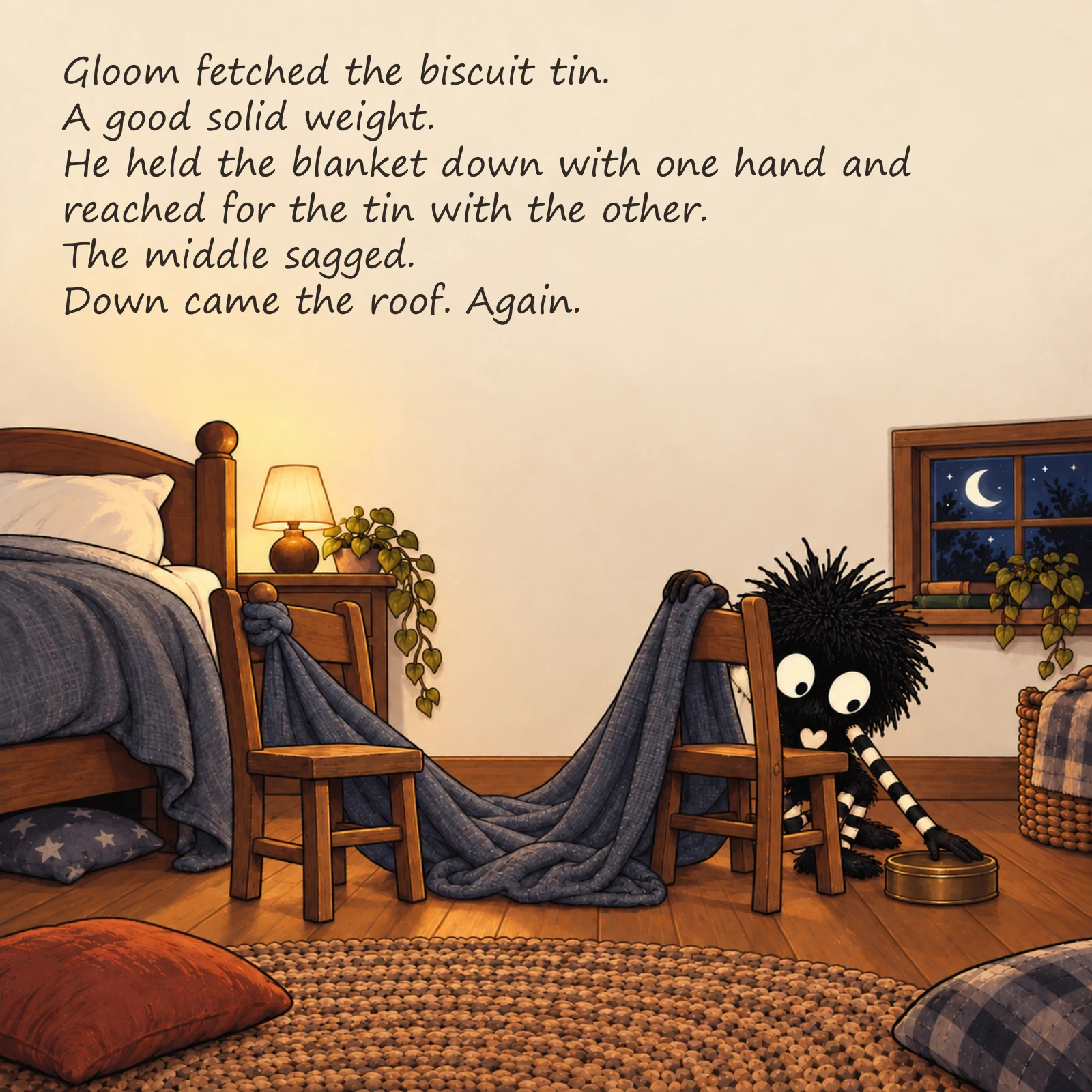 Gloom and the Den That Wouldn’t Stay Up — illustrated story page 5. Page text is available below.