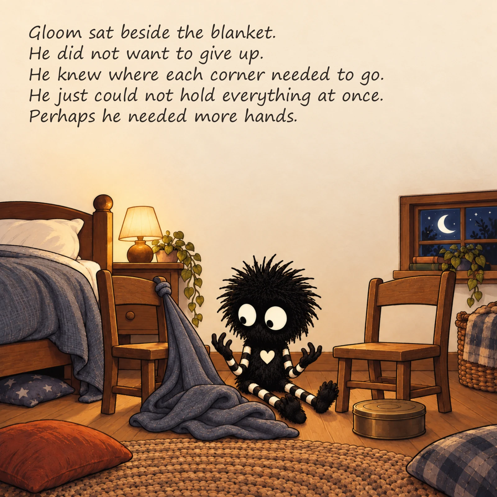 Gloom and the Den That Wouldn’t Stay Up — illustrated story page 6. Page text is available below.