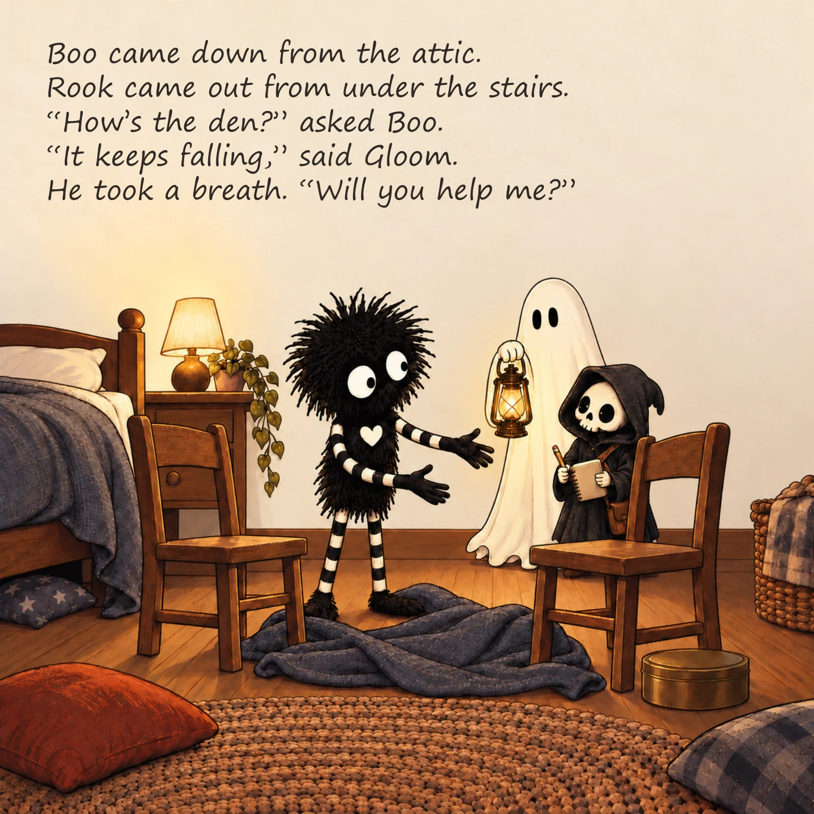 Gloom and the Den That Wouldn’t Stay Up — illustrated story page 7. Page text is available below.