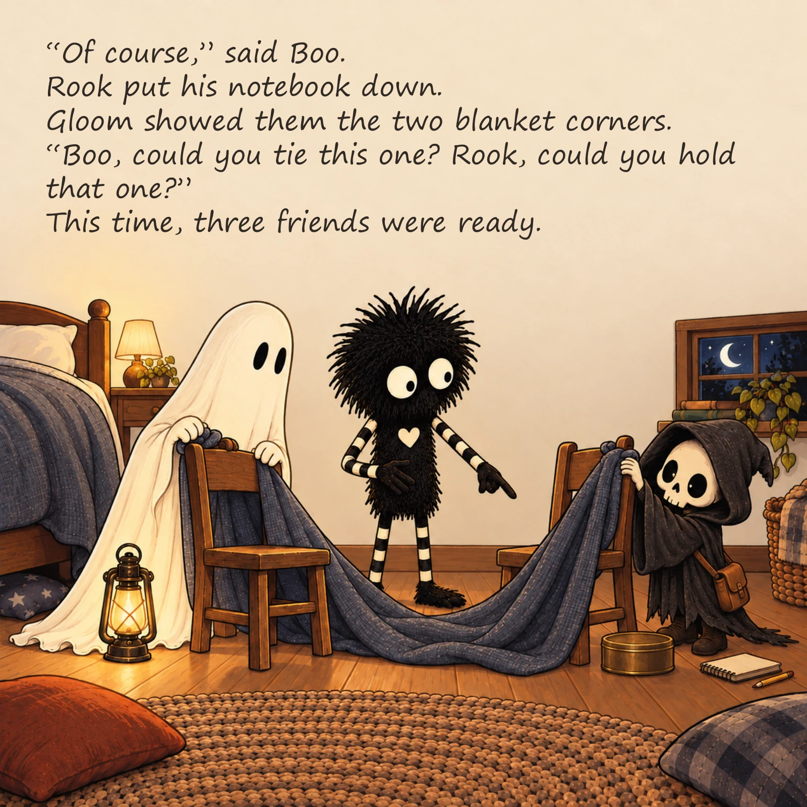 Gloom and the Den That Wouldn’t Stay Up — illustrated story page 8. Page text is available below.