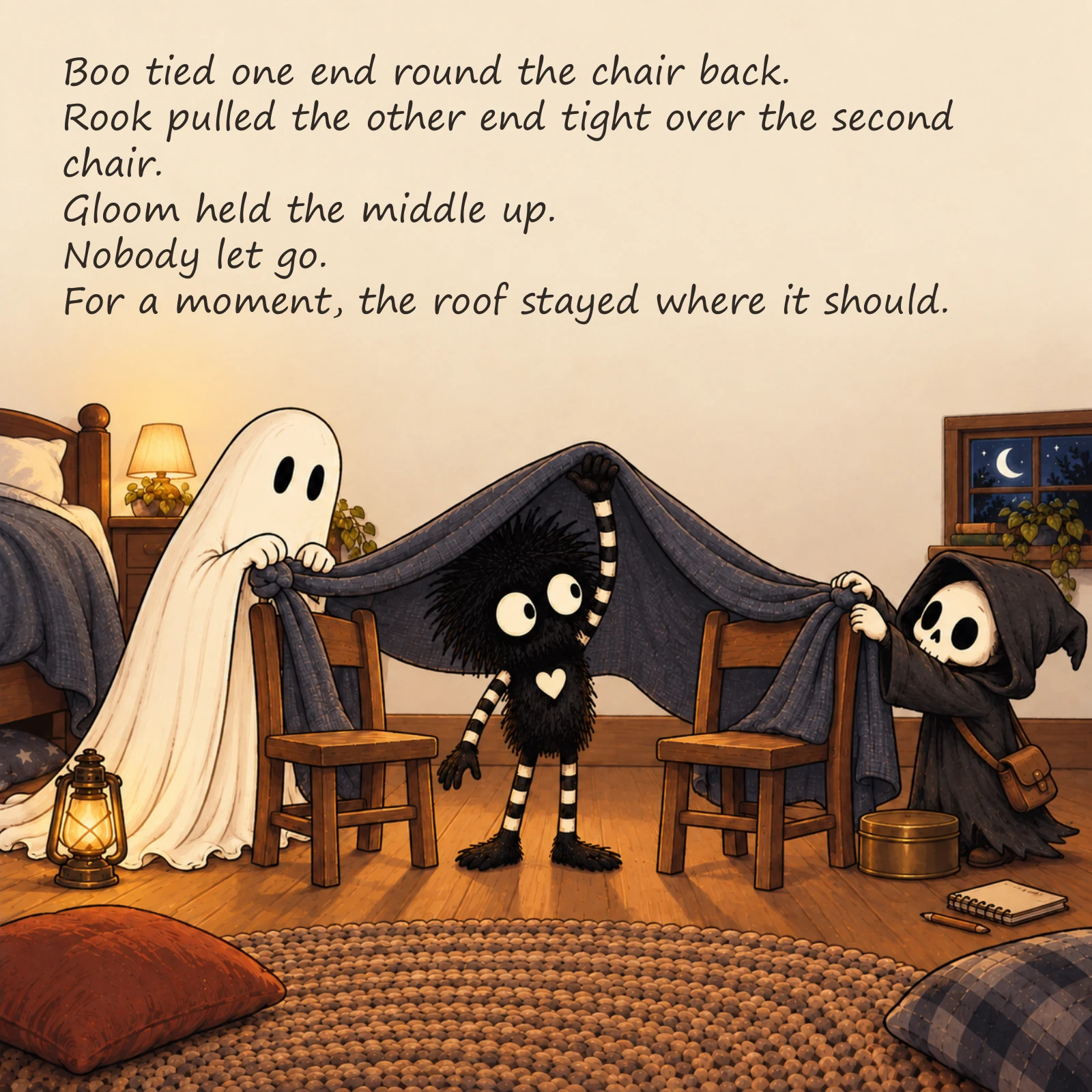 Gloom and the Den That Wouldn’t Stay Up — illustrated story page 9. Page text is available below.